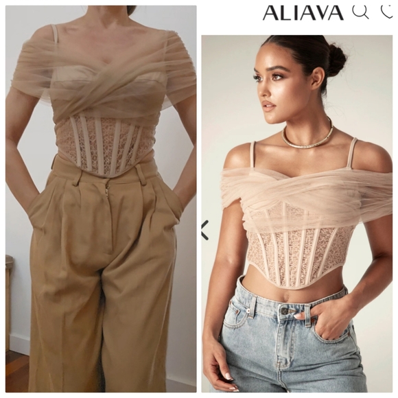 Nwt ALIEVA tan mocha sheer coquette lace corset off shoulder top S